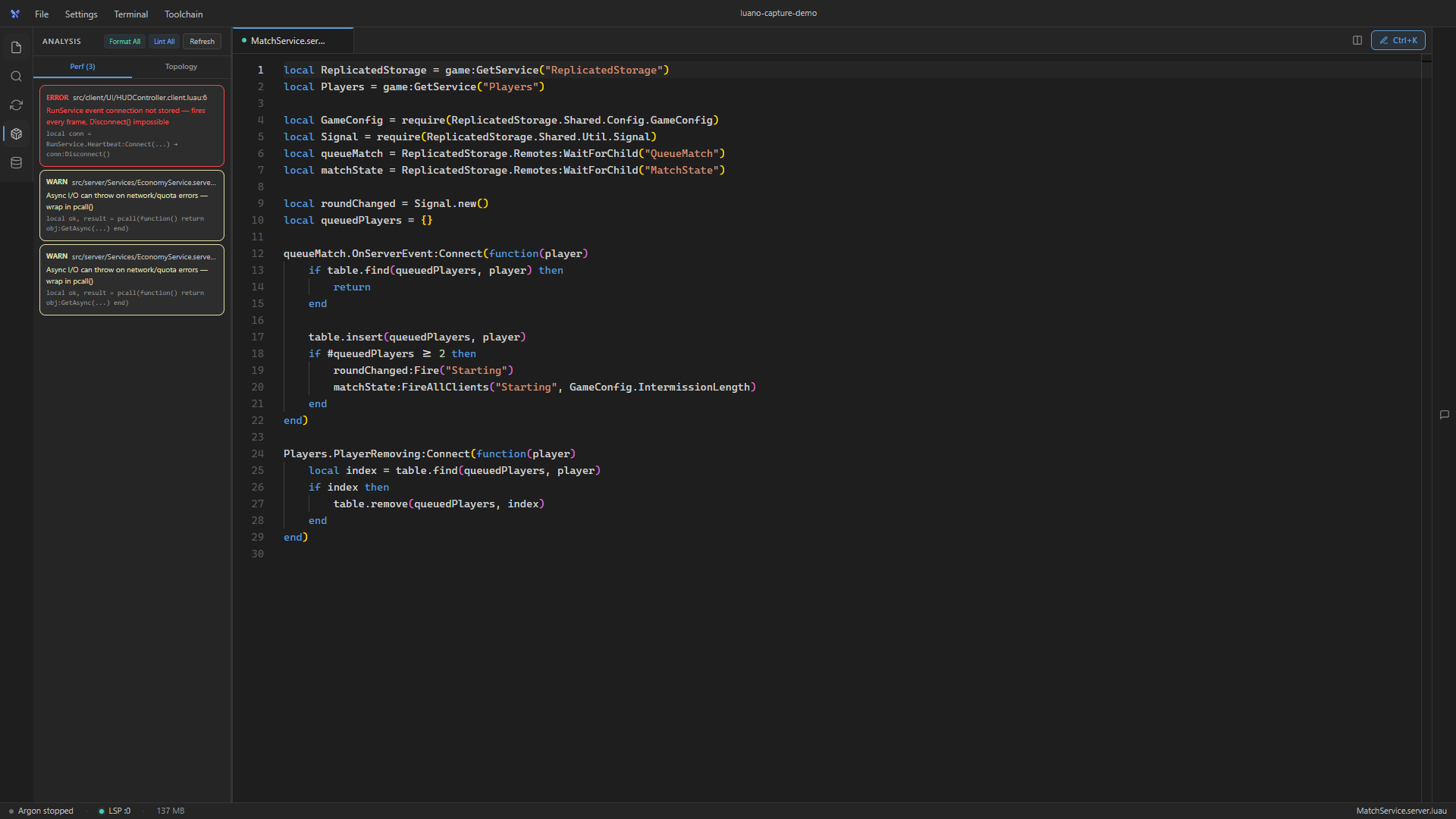 Luano v0.9.3 Agent using Sonnet 5 Managed to edit a multi-file Roblox project