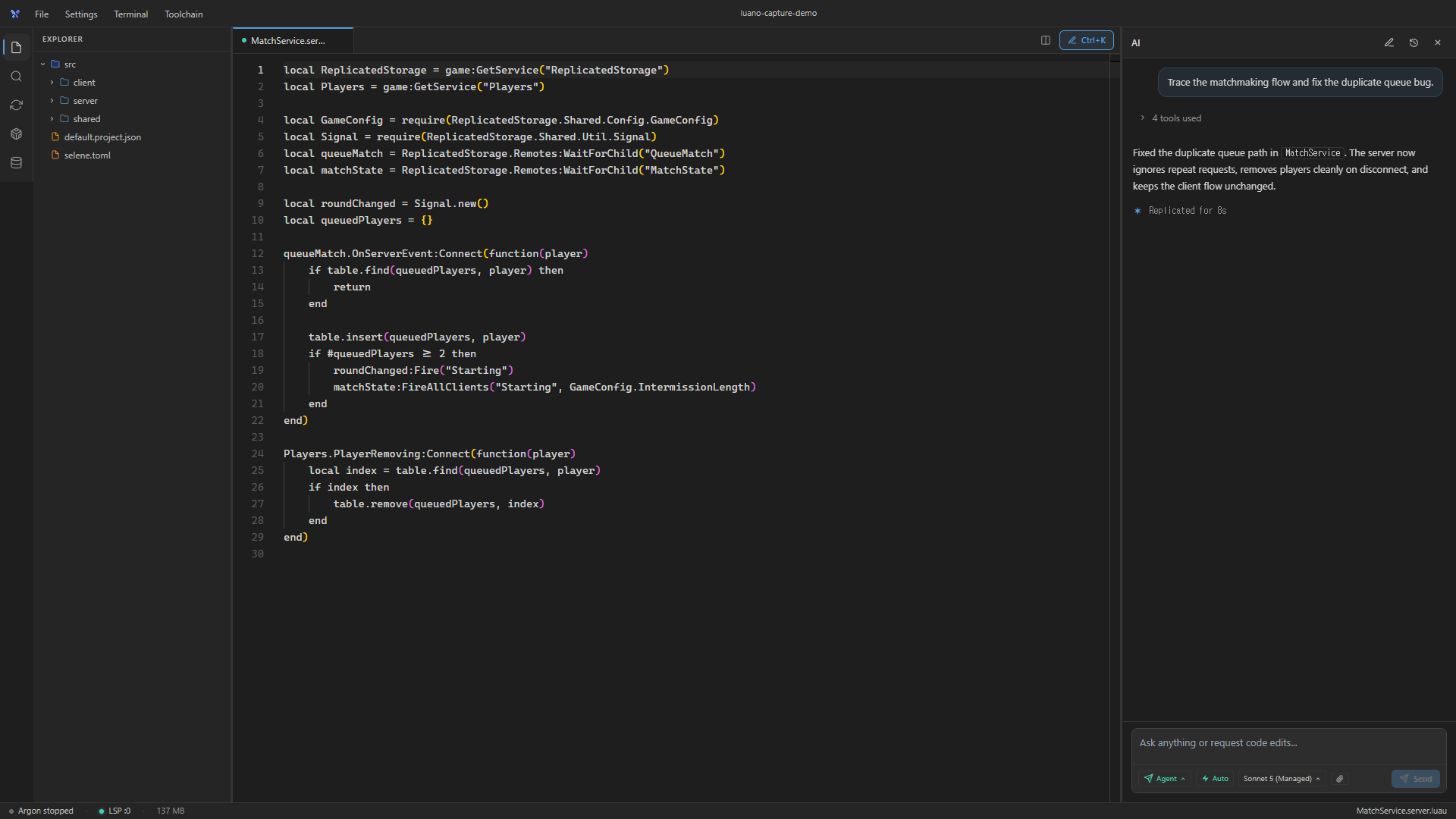 Luano v0.9.3 analysis panel showing Luau performance and correctness findings